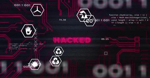 Image of eco icons and data processing over hacked text on black background Stock Illustration