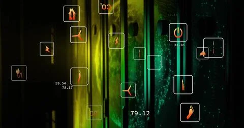 Image of eco icons and data processing over computer servers 스톡 일러스트