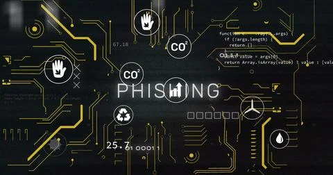 Image of eco icons and data processing over phishing text Ilustración de archivo