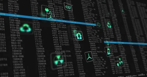 Image of eco icons and data processing over black background 스톡 일러스트
