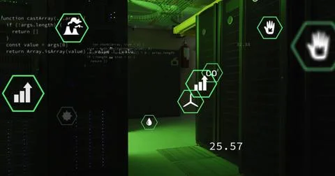 Image of eco icons and data processing over computer servers イラスト素材
