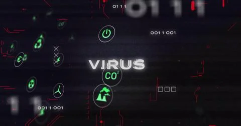 Image of eco icons and data processing over virus text on black background 스톡 일러스트