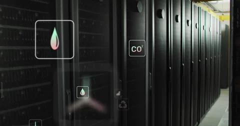 Image of eco icons and data processing over computer servers Stock Illustration