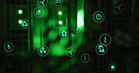 Image of eco icons and data processing over computer servers Stock Illustration