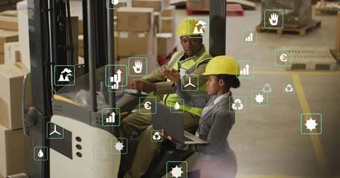 Image of eco icons and data processing over diverse people working in warehouse Foto stock