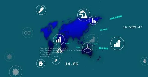 Image of eco icons and data processing and world map over blue background 스톡 사진