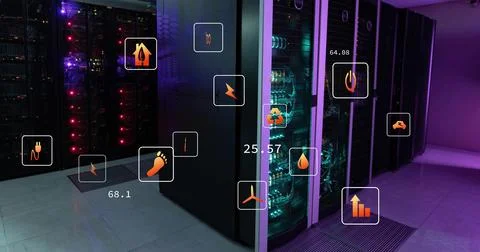 Image of eco icons and data processing over computer servers Stock Photos