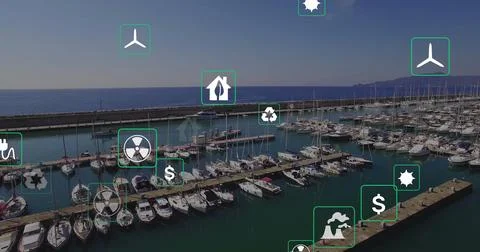 Image of eco icons and data processing over sea port Foto stock