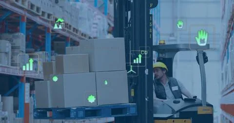 Image of eco icons and data processing over caucasian man working in warehouse 写真素材