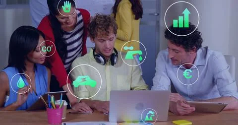 Image of eco icons and data processing over diverse business people in office 스톡 사진