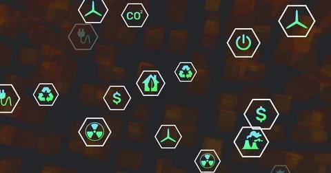 Image of eco icons and data processing on dark background 스톡 사진