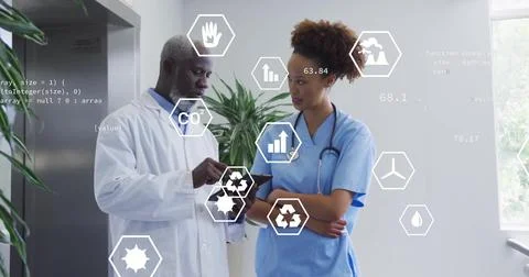 Image of eco icons and data processing over diverse doctors 스톡 사진