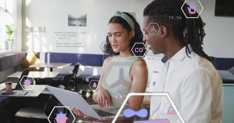 Image of eco icons and data processing over diverse business people in office Foto stock