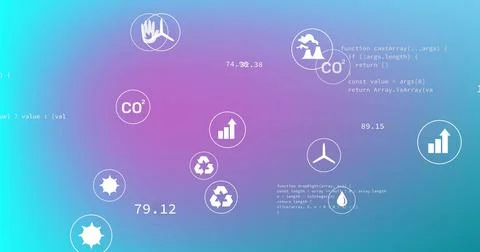 Image of eco icons and data processing over blue background Foto stock