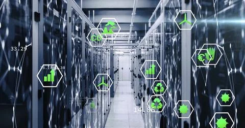 Image of eco icons and digital data processing over computer servers Stock Photos
