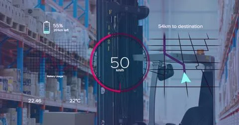 Image of eco icons and speedometer data processing over warehouse Stock Photos