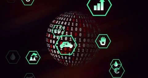 Image of eco icons with binary coding and data processing over globe 스톡 사진