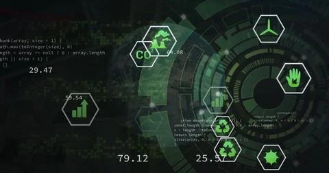Image of eco icons, computing data processing over scope scanning Stock Illustration