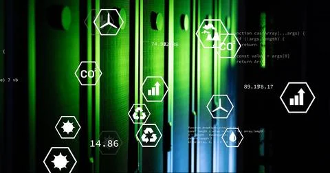 Image of eco icons, digital data processing over computer servers Stock Photos