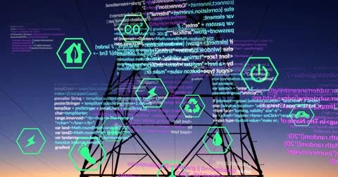 Image of ecology icons and data processing over electric pylon Illustrazione stock