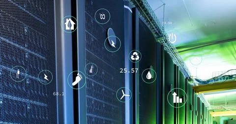 Image of ecology icons and data processing over server room Stock Photos