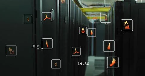Image of ecology icons and data processing over server room 스톡 사진