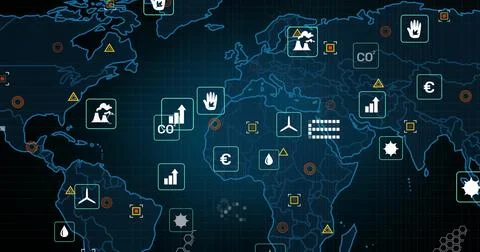 Image of ecology icons, data processing and markers over world map Foto stock