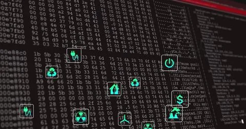 Image of ecology icons over binary coding 库存插图