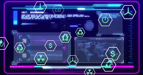 Image of ecology icons over data processing on blue background 스톡 사진