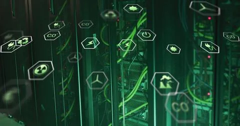 Image of ecology icons over server room イラスト素材