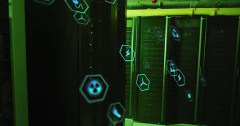 Image of ecology icons over server room イラスト素材