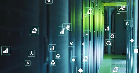 Image of ecology icons over server room イラスト素材