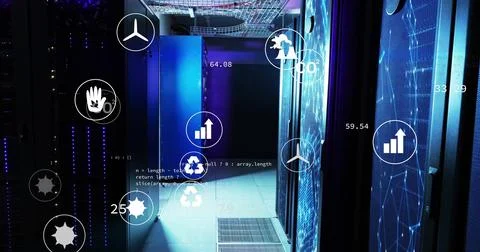 Image of ecology icons over server room Illustrazione stock