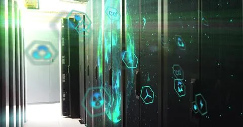 Image of ecology icons over server room Stock Photos