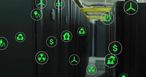 Image of ecology icons over server room Stock Photos