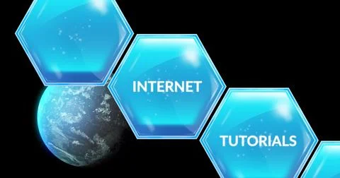 Image of education and learning text on blue hexagons over globe on black 스톡 일러스트