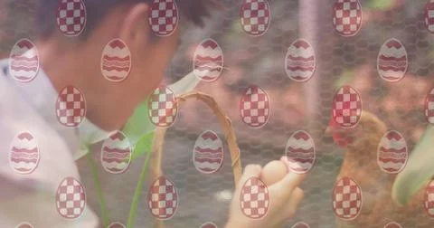 Image of egg pattern over asian boy and chicken Stock Photos