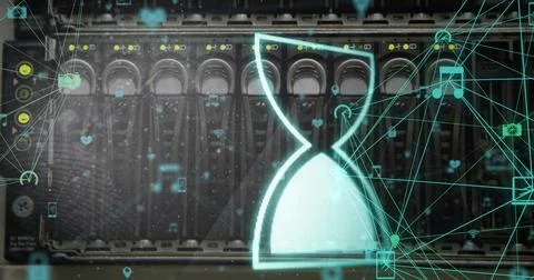 Image of egg timer over network of connections and server room Stock Photos