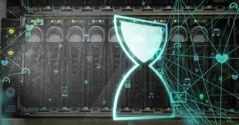 Image of egg timer over network of connections and server room Stock Photos