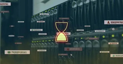 Image of egg timer over social icons and server room Stock-Fotos