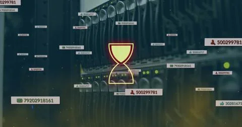 Image of egg timer over social icons and server room Stock Photos