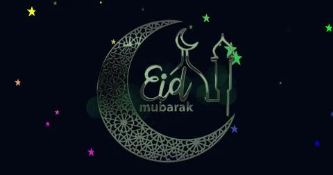 Image of eid mubarak text with crescent moon and mosque with stars background Stock Illustration
