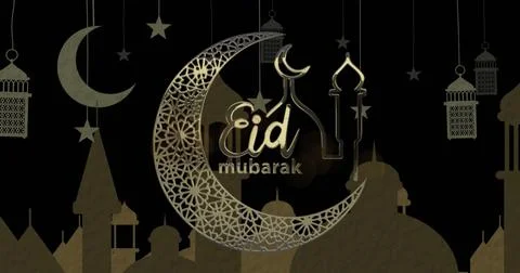 Image of eid mubarak text with crescent moon and mosque with lanterns and stars Ilustração Stock