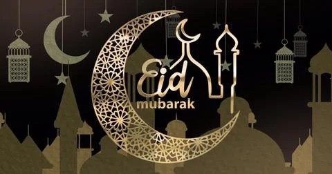 Image of eid text over cityscape on black background Stock Illustration