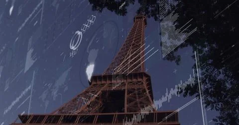 Image of the eiffel tower overlaid with various digital graphs and data Stock Photos