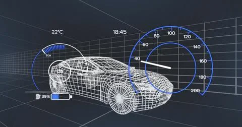 Image of electric car digital interface over 3d car drawing Stock Photos