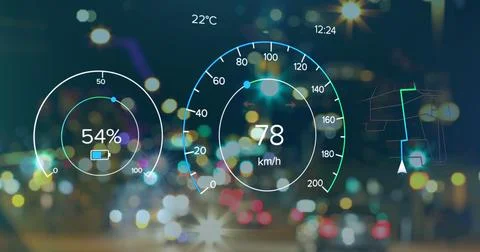 Image of electric car speedometer data processing over city Foto stock
