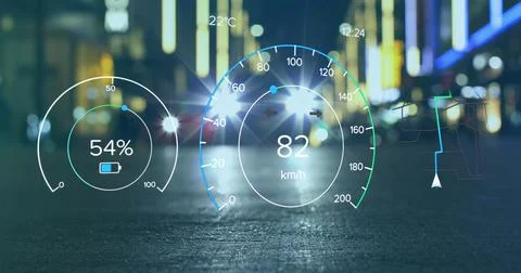 Image of electric car speedometer data processing over city Foto stock