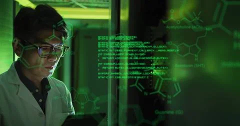 Image of element diagram and data processing over asian male technician working Stock Photos