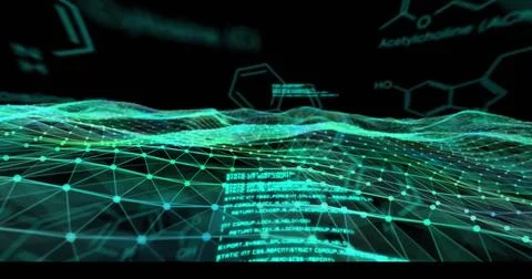 Image of element diagrams and data processing over glowing green network waves Foto stock